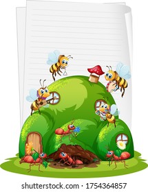 Blank paper with ant nest and bees isolated illustration