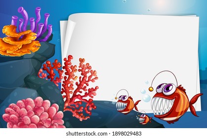 Blank paper banner with angler fish and undersea nature elements on the underwater background illustration