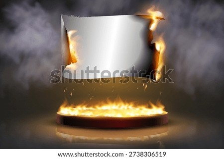 Blank paper banner burning with fire and smoke conveying risk, urgency, and information destruction