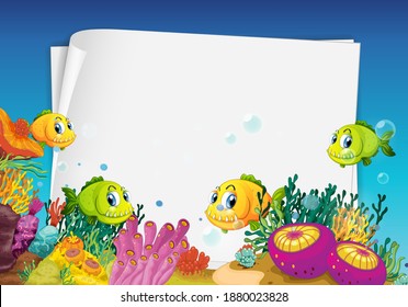 Blank paper banner with exotic fish and undersea nature elements on the underwater background illustration