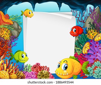 Blank paper banner with exotic fish and undersea nature elements on the underwater background illustration