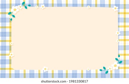 Blank paper with Blue Gingham and Flower Background Frame. Blank note Vector Illustration. Editable Stroke.