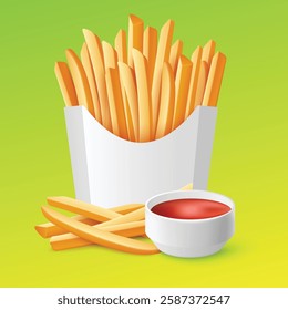 Blank paper box with french fries potato and tomato ketchup, realistic vector illustration isolated on colorful background. Potato fried sticks in paper envelope.