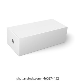 Blank paper or cardboard shoebox template with closed lid and round hole on white background Packaging collection. Vector illustration.