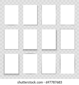 Blank paper cards with different shadows isolated. Set of transparent shadow for your design. Vector illustration