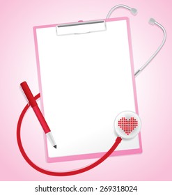 Blank paper in clipboard with stethoscope, medical concept, vector 10