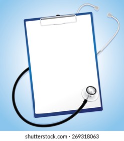 Blank paper in clipboard with stethoscope, medical concept, vector 10