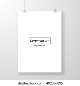 Blank paper with clips hanging on white background.