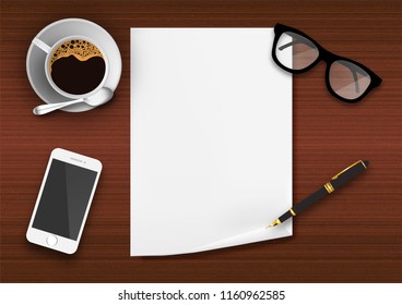 blank paper with coffee cup, mobile phone, glasses and pen on a wooden desk vintage design vector