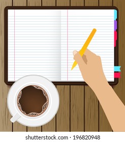 Blank paper and cup of coffee top view