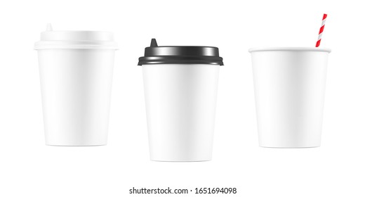 Blank paper cup mockup with straw. Coffee to go, take out mug. Vector illustration isolated and can be use for any backgrounds. EPS10.	