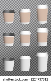 Blank paper cup, template. Realistic icon set Paper cup for tea or coffee. Vector illustration