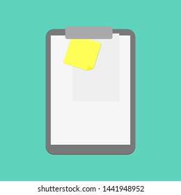 blank paper and document attached to clipboard on green wall background. vector illustration