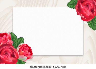Blank paper with empty tag for your text and cute red peony rose flowers and leaves on wooden table, top view. Can be used as mockup