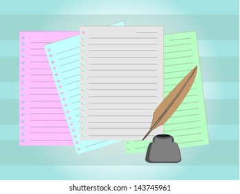 Blank paper and feather pen,  Vector illustration.