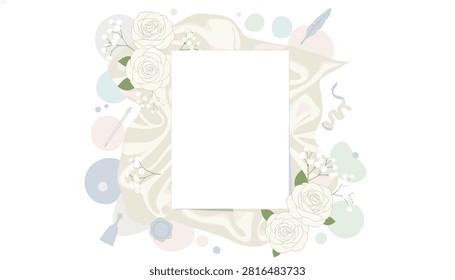 Blank paper frame decorated with white roses and fabric textures on soft pastel circles.