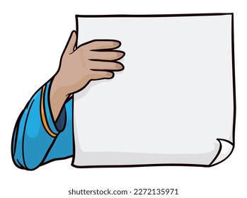 Blank paper gripped by a hand with sleeve. Template in cartoon style over white background.