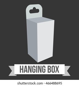 Blank paper hanging box. Packaging container with hanging hole. Mock up template. Vector illustration on black background.