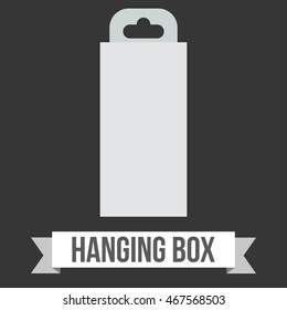 Blank paper hanging box. Packaging container with hanging hole. Mock up template. Vector illustration on black background.