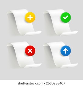 Blank paper icon set with different pictograms. 3d vector icons collection
