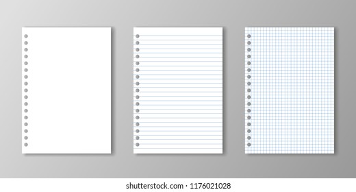 Papel en blanco, papel forrado y papel cuadrado con agujeros sobre fondo gris.