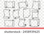 Blank paper manuscript scrolls in antique style with torn edges. Copy space on unfolded paper scrolls from middle ages with important information or announcements. Hand drawn doodle