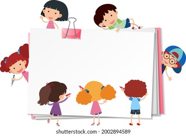Blank paper with many kids cartoon character isolated illustration