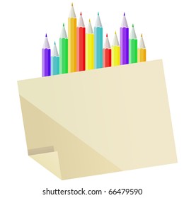Blank paper and many-coloured pencils in row