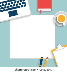 Blank paper, mock up. Top view of desk background with laptop, cup, office objects. Set of Flat lay view vector design illustration of modern business office and workspace. All under mask