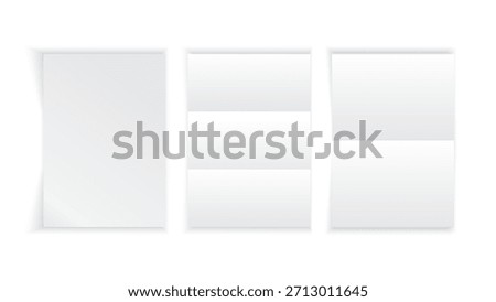 Blank Paper Mockup Set – A4, Tri-Fold Brochure, Bi-Fold Flyer Template with Soft Shadows | Empty White Sheet Vector Design