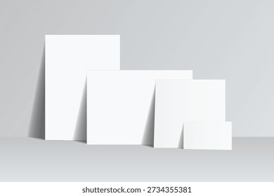 Conjunto de maquete de papel em branco mostrando diferentes tamanhos de papel dispostos no fundo. Papelaria minimalista para branding, cartaz, brochura, folheto, portfólio, impressão, apresentação de layout e mockup displays