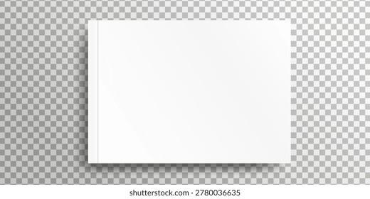 Blank paper mockup. White realistic brochure A4 for presentation. Notebook with place for text. Closed horizontal book, magazine mockup with top view. Business fold. Sheet banner. Vector illustration.