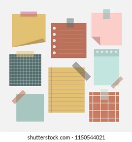 Blank paper note with colorful sticky tape collection, ready for your text or message with flat style vector icon design illustration
