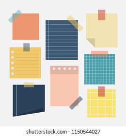 Blank paper note with colorful sticky tape collection, ready for your text or message with flat style vector icon design illustration
