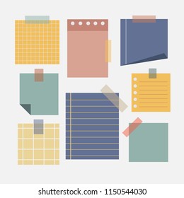 Blank paper note with colorful sticky tape collection, ready for your text or message with flat style vector icon design illustration