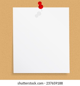 Blank Paper Note With Push Pin On Bulletin Board, Vector Eps10 Illustration