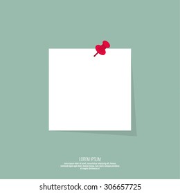 Blank paper note with push pin. Vector design in a flat style. Sheet for notes, memos