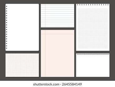 Blank paper note template, notebook sheet, line notepad pages, graph notepad page vector illustration.