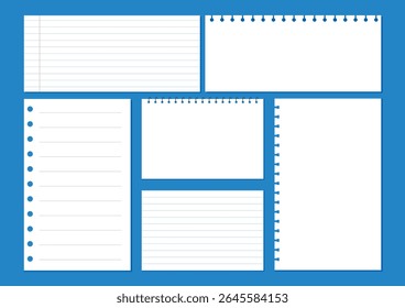 Blank paper note template, notebook sheet, line notepad pages, graph notepad page vector illustration.