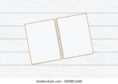 Blank paper notebook on brown wooden table background. Top view with copy space (selective focus). Office desk table concept. vector illustration.