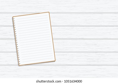 Blank paper notebook on brown wooden table background. Top view with copy space (selective focus). Office desk table concept. vector illustration.