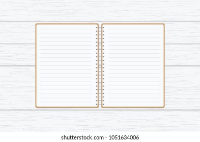 Blank paper notebook on brown wooden table background. Top view with copy space (selective focus). Office desk table concept. vector illustration.