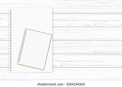 Blank paper notebook on brown wooden table background. Top view with copy space (selective focus). Office desk table concept. vector illustration.