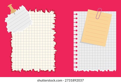 Colección de Notas de Papel en Blanco con Bordes Rotos, Pushpin y Clip sobre Un Fondo Rosa Vibrante - Plantilla de Papelería Versátil para Mensajes y Recordatorios