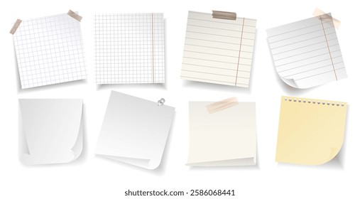 Blank paper notes with different textures, ribbons and curled corners realistic style collection, ideal for presentations, stationery design and educational materials.Vector illustration