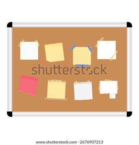Blank paper notes, sticky memos, notepad sheets pinned to cork bulletin board with plastic frame. Isolated white background. Empty noticeboard for school, office messages, reminders, announcements