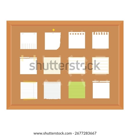 Blank paper notes, sticky memos, notepad sheets pinned to cork bulletin board with wooden frame. Isolated white background. Empty noticeboard for school, office messages, reminders, announcements