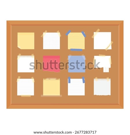 Blank paper notes, sticky memos, notepad sheets pinned to cork bulletin board with wooden frame. Isolated white background. Empty noticeboard for school, office messages, reminders, announcements
