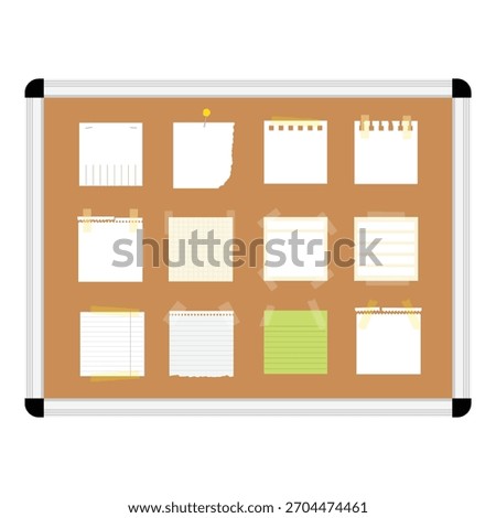 Blank paper notes, sticky memos, notepad sheets pinned to cork bulletin board with plastic frame. Isolated white background. Empty noticeboard for school, office messages, reminders, announcements