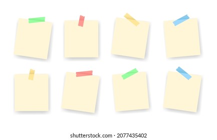 Blank paper notes taped on the white background. Empty space notepad mockup with colorful adhesive tape. Suitable for design element of memo paper mockup vector illustration.